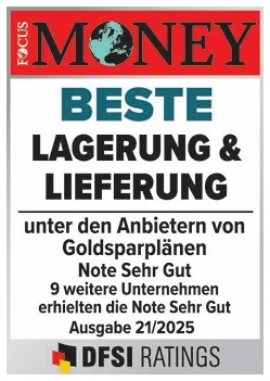 Auszeichnung FOCUS-MONEY / DFSI Ratings: Beste Lagerung & Lieferung, Note Sehr Gut — unter den Anbietern von Goldsparplänen, Ausgabe 21/2025